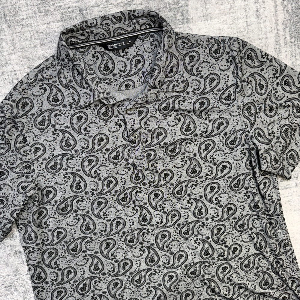7‎ Diamons Polo Shirt Mens XL Gray Black Paisley Pima Cotton Golf Artsy Retro